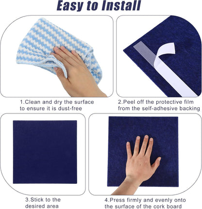 Large Cork Board 36" x 24", 6 Pack Felt Wall Tiles with Colored Pushpins, Bulletin Board with Removable Self-Adhesive Strips, Pin Board Cork Boards for Walls Office Home-Dark Blue