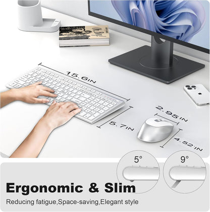 FENIFOX Wireless Keyboard and Mouse, Ergonomic Rechargeable Silent Quiet Slim Compact Full-Size USB C with Number Pad Flat Soft Cover for PC Computer Laptop Mac MacBook iMac TV Windows - Silver White