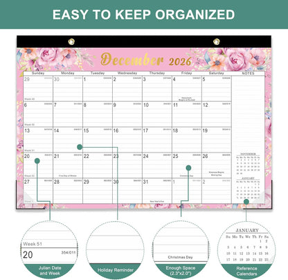 Lbylyhxc Desk Calendar 2025 - 2026, Monthly Calendar 2026, 18-Month School Year Calendar, July 2025 to December 2026, Monthly Large Desktop/Wall Calendar for Teacher with Corner Protectors 17" X 12" (Desk Calendar Flowers, 17x12 inches)