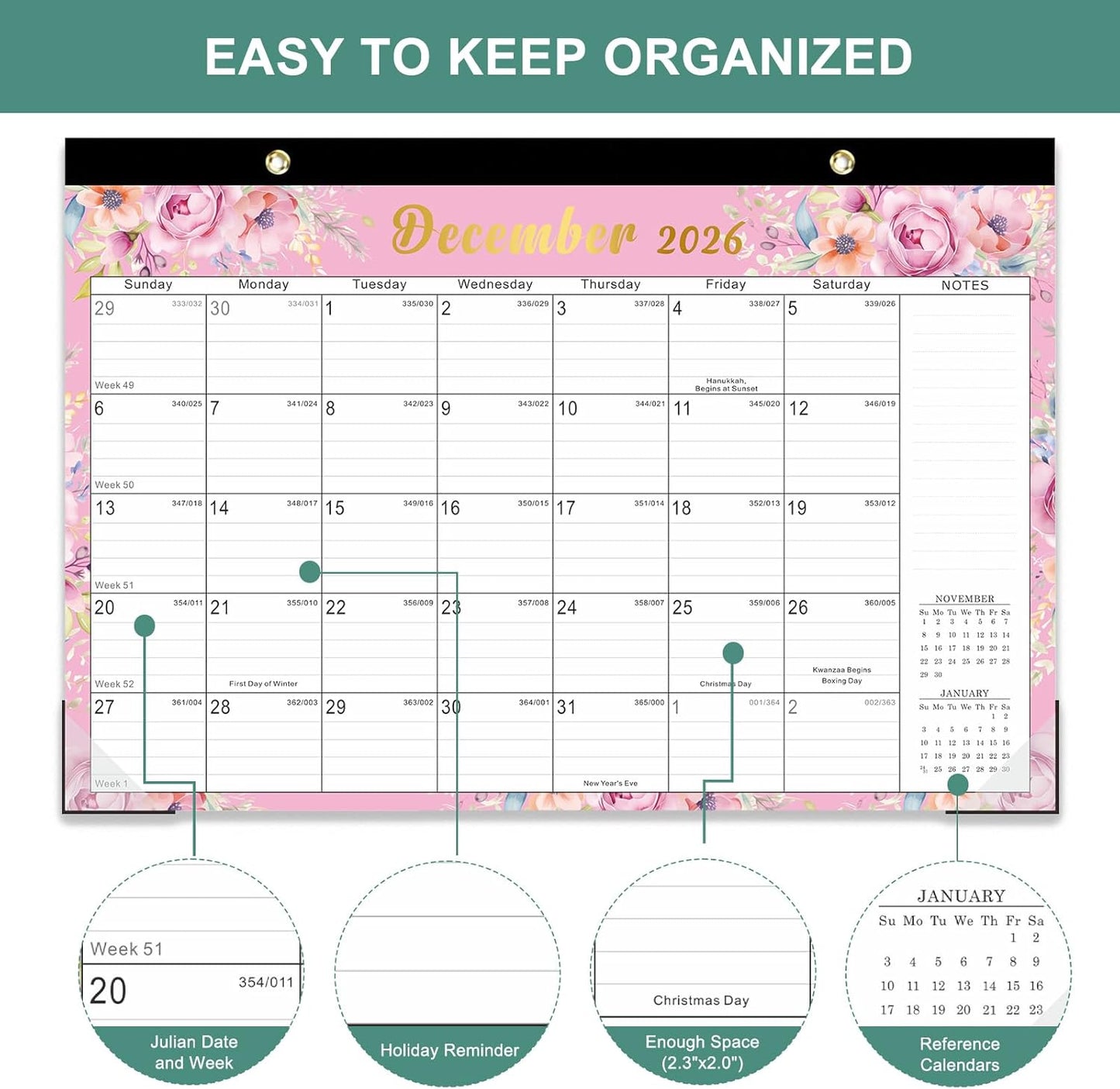 Lbylyhxc Desk Calendar 2026-2027, 18-Month School Year Calendar 2026-2027, January 2026 to June 2027, Large Desktop Calendar Monthly for Teacher with Corner Protectors 17" X 12" (Flowers Desk Calendar, 17x12 inches)