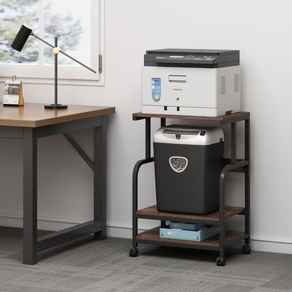 Printer Table Stand with Height Adjustable Shelf, 3 Tier Rolling Printer Cart with Wheels for Home Office Storage and Organization, Industrial Style