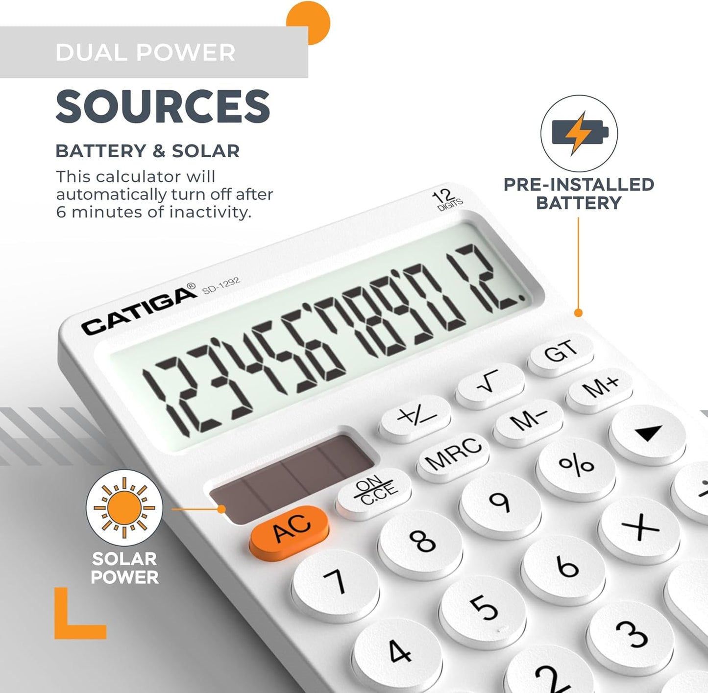 CATIGA 12 Digit Desktop Calculator Basic Desk Calculator with Large LCD Display, Big Buttons, 4 Function, Solar and Battery Dual Power, for Office, School, Home, SD-1292 White