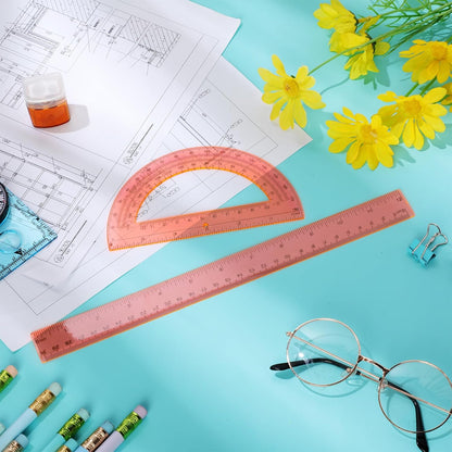 Zonon 2 Pack 12'' Plastic Ruler and 6'' Plastic Protractor Set Clear Ruler Protractor Set Math Geometry Supplies for School Classroom Home Office Drawing(Orange)