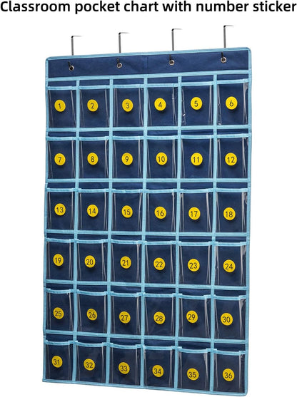 36 Clear Pockets Classroom Pocket Chart for Cell Phone and Calculator Holder, Door Hanging Pocket Chart for Classroom Phone Holder with Number Sticker and Hooks (Blue)