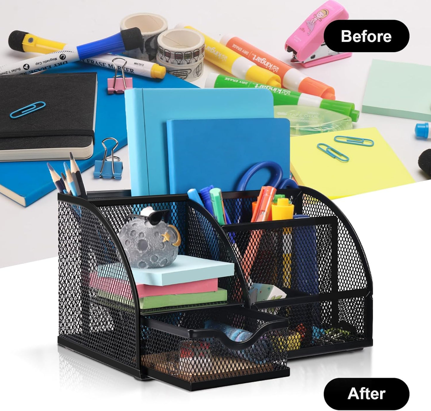 Comix Mesh Pen Pencil Holder Desk Organizer, 7 Compartment Wire Desktop Pen Pencil Cup Caddy Office Supplies for Home Office School, Black