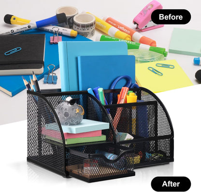 Comix Mesh Pen Pencil Holder Desk Organizer, 7 Compartment Wire Desktop Pen Pencil Cup Caddy Office Supplies for Home Office School, Black