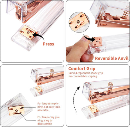 Rose Gold Desk Accessories, Office Supplies Set with Acrylic Stapler, Tape Dispenser, Staple Remover, Pen Holder, Scissor, Binder Paper Clips, 1 Ballpoint Pen, 1 Clear Tape and 1000pcs Staples