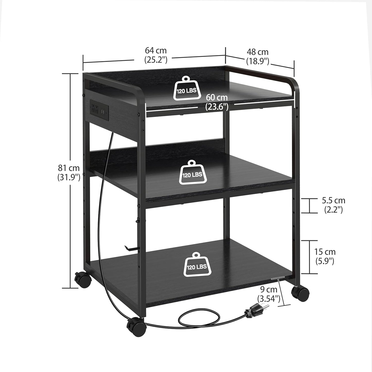 Printer Stands with Charging Station, 25.2 x 18.9 Inch Large Printer Stand with Wheels for Home Office, 3 Tier Printer Table with Power Outlet USB Port, Printer Shredder Stand, Black