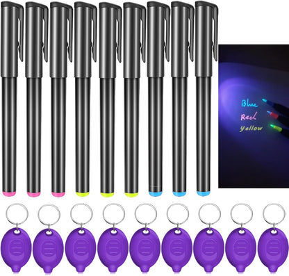 Invisible Ink Pen, Spy Pen with 9 PCS Mini UV LED Keychain Flashlight, Disappearing Ink Magic Pens with Black Light Markers for Secret Notes, Fit for Christmas Halloween Holiday Gifts (9 PCS)