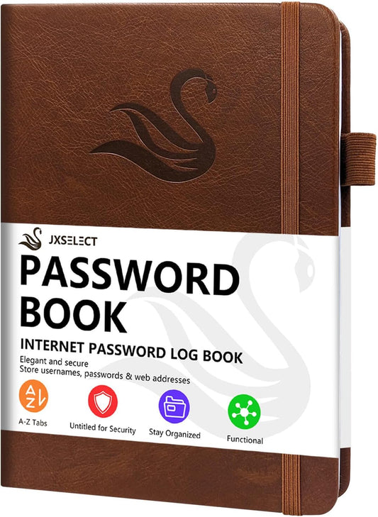 Elegant Password Book with Alphabetical Tabs - Hardcover Password Book for Internet Website Address Login - 5.2" x 7.6" Password Keeper and Organizer w/Notes Section & Back Pocket(Brown)