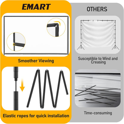 EMART Outdoor Projector Screen with Stand, 120 Inch Portable Projector Stand Indoor 16:9 4K HD Rear Front Movie Screen with Heavy Flat Base for Backyard, Party, Night(Include Water Bag, Carry Bag)