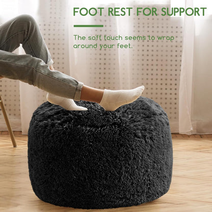 HIGOGOGO Round Stuffed Pouf Ottoman, Long Faux Fur Poufs with Foam Chunk Filling, Fluffy and Furry Pouf Foot Stool Storage Ottoman, 26 X 18 Floor Poufs Foot Rest for Living Room, Black