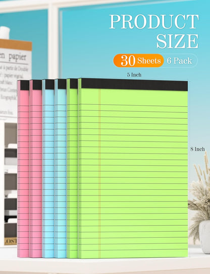 Small Legal Pads 5x8 Colored Note Pads, 6 Pack Small Notepads for Work, Pink Notepad 5x8, Colored Legal Pads 5 x 8 for Home Office Supplies, Lined Notebook Paper 5 x 8 Notes, 30 Sheets/Pad