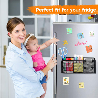 Magnetic Pencil Holder - Extra Strong Magnets Mesh Marker Holder Perfect for Whiteboard, Refrigerator and Locker Accessories (3 Baskets, 1 Pack Black)