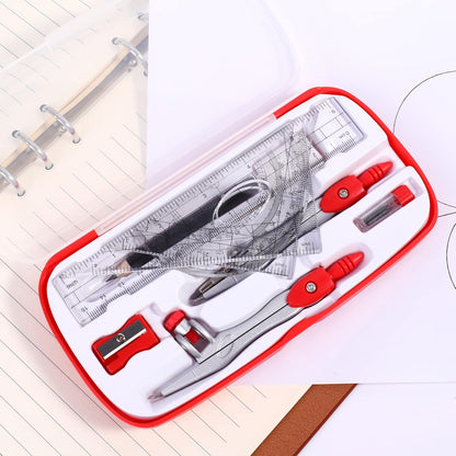 Math Geometry Kit Sets 10 Piece Student Supplies with Shatterproof Storage Box,Includes Rulers,Protractor,Compass,Eraser,Pencil Sharpener,Lead Refills,Pencil,for Drafting and Drawings（Red）
