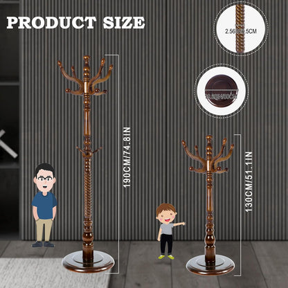 Coat Racks FreeStanding with 11 Hooks, Natural Wood Coat Rack with Solid Round Base, Adjustable Height Coat Racks, Easy Assembly for Hallway, Bedroom and Office (Walnut-Solid Round Base)