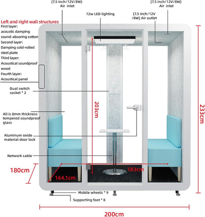 GEARONIC Mobile Office Pod Booth, Sound Proof Office Booth Pod with Mobile Roller, Larger Space for 4-6 People, LED Lighting System,Fans and AC USB Ports