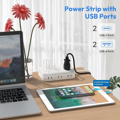 NTONPOWER Surge Protector Power Strip with 6 Outlets 4 USB Charging Station(2 USB C Port), 5 Ft Flat Plug Extension Cord, Outlet Extender for Indoor, Home, Office Supplies, Dorm Room Essentials