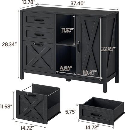 Lateral File Cabinet with 3 Drawers and Door, Farmhouse File Cabinet with Adjustable Shelf for Letter/A4 Size Hanging Files, Printer Stand with Storage Cabinet for Home Office Furniture, Black