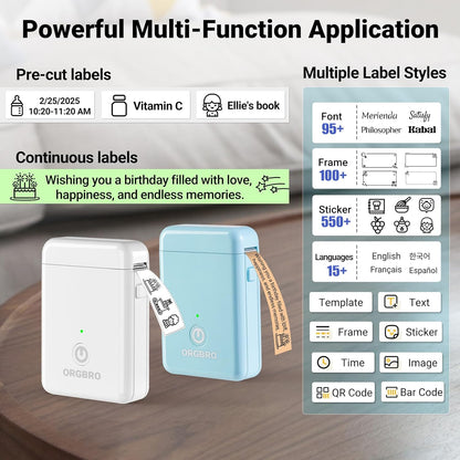 ORGBRO Label Maker Machine with Tape, X1 Portable Bluetooth Mini Label Printer, Support Pre-Cut & Continuous Label, Wireless Small Label Makers with Versatile App for School Home Office Organization