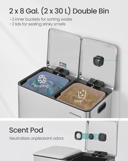 SONGMICS Trash Can, 2 x 8 Gallon (2 x 30 L) Double Garbage Can with Soft-Close Lids, Removable Inner Buckets, Pedals, Stainless Steel, for Waste and Recycling, Metallic Silver ULTB743E01