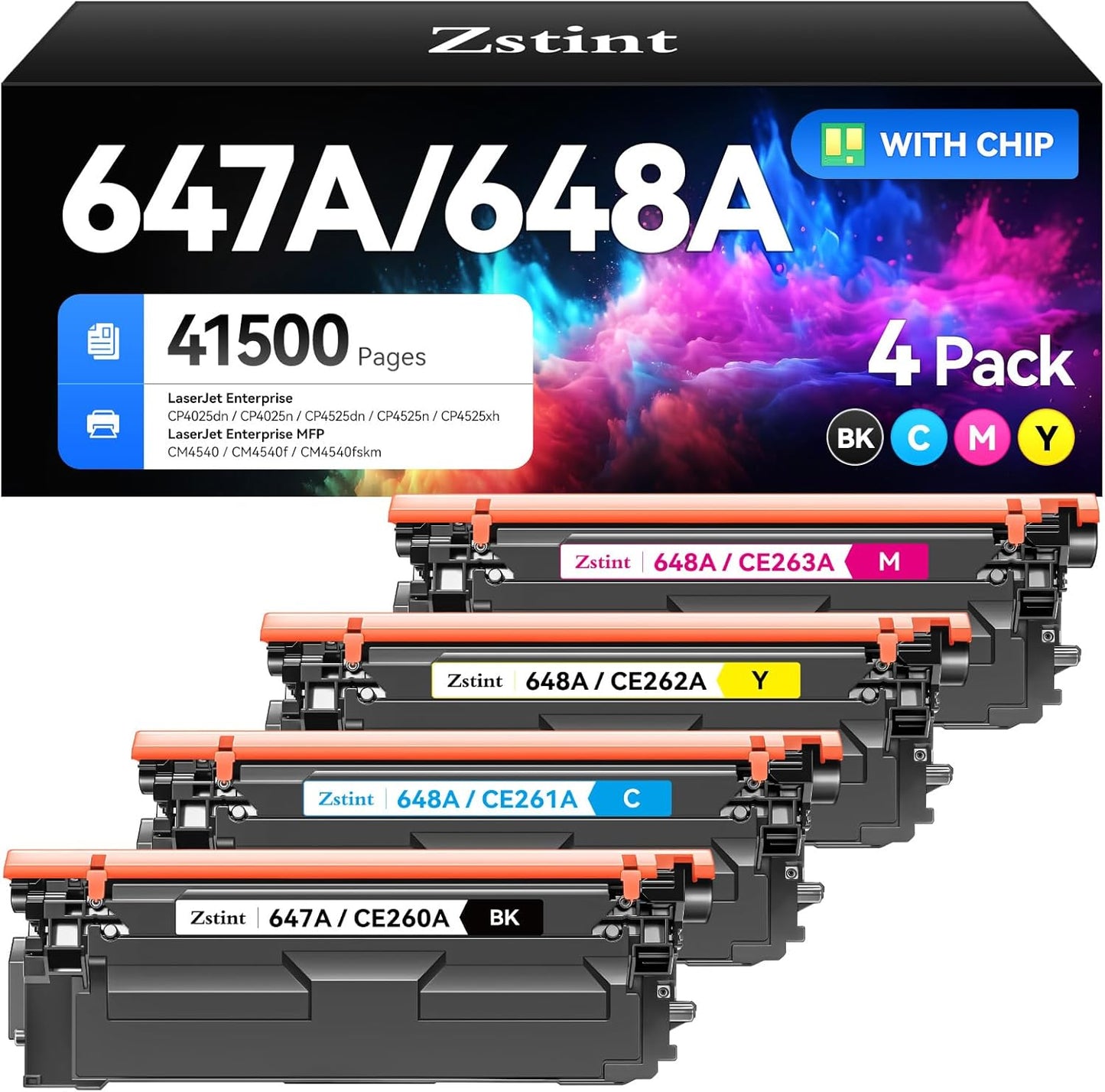 647A 648A Toner Cartridge Set 4-Pack Replacement for HP 647A 648A CE260A CE261A CE262A CE263A Compatible for HP Color Laserjet Enterprise CP4025 CM4540 MFP CP4525 Printer Ink Black Cyan Magenta Yellow