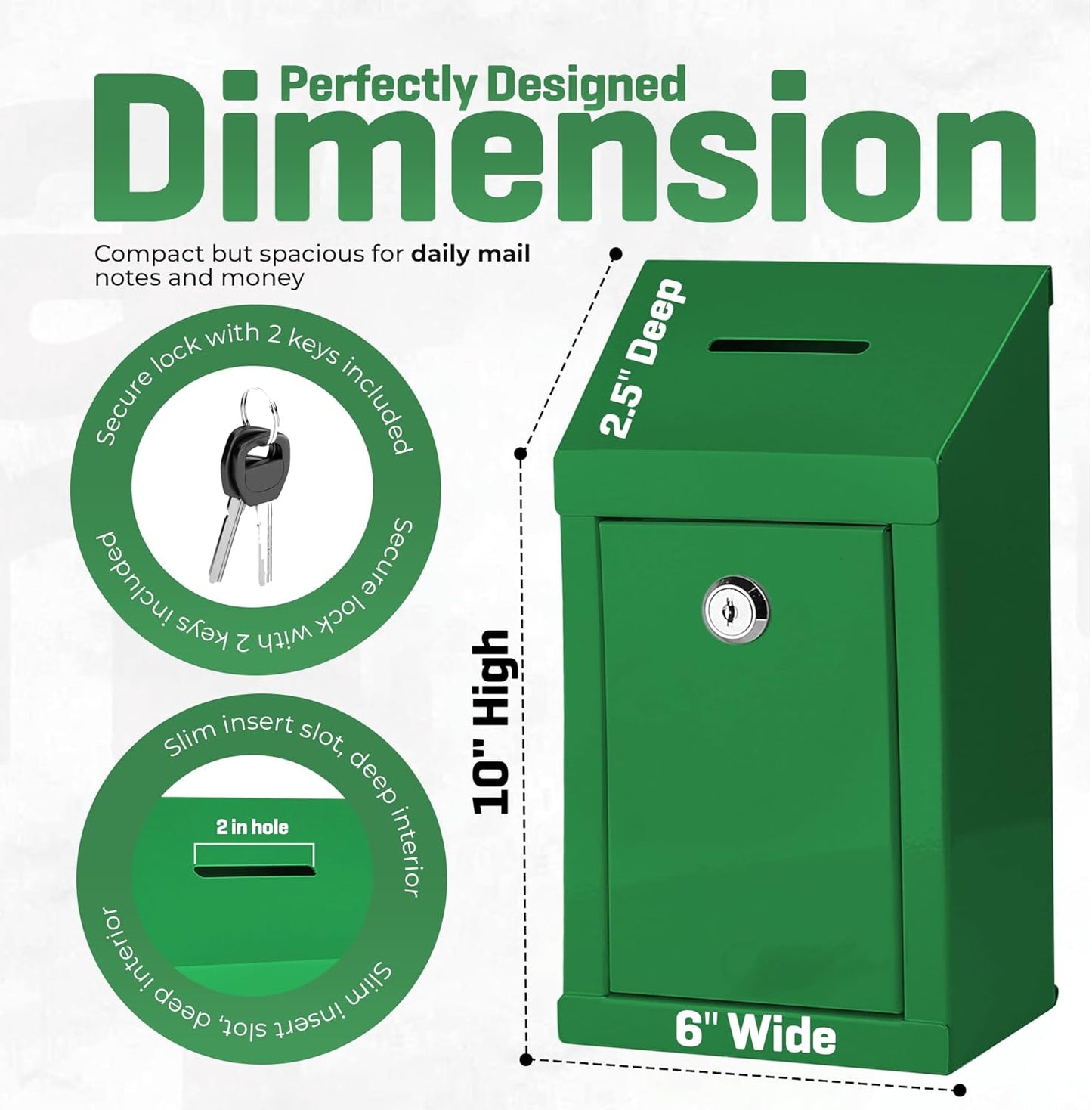 Metal Donation Box-Suggestion Box with Slot and lock-Cash Lock box for Money-Secure Drop Box-Comment and ballot voting box-comes with pre-drilled holes for easy wall mounting 10 X 6 X 2.5"(Green)