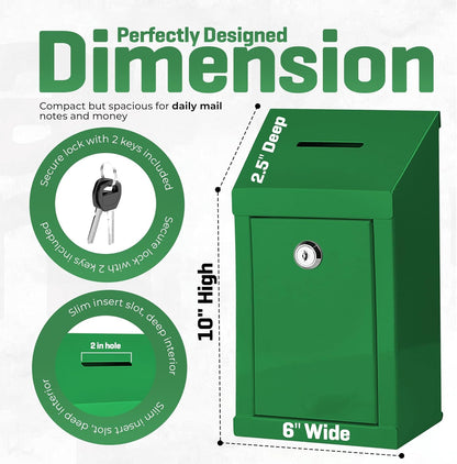 Metal Donation Box-Suggestion Box with Slot and lock-Cash Lock box for Money-Secure Drop Box-Comment and ballot voting box-comes with pre-drilled holes for easy wall mounting 10 X 6 X 2.5"(Green)