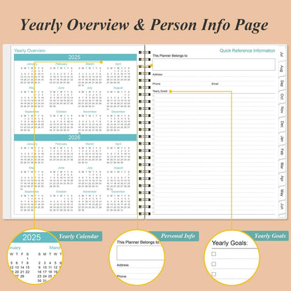 2025-2026 Planner - Academic Planner 2025-2026 from July 2025 to June 2026 with 12 Monthly Tabs, Flexible Cover, Inner Pocket, 8.5" x 11", Rose Leaf