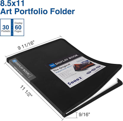 Sooez 30-Pocket Binder with Plastic Sleeves 8.5x11 (Black), Heavy Duty Art Portfolio Folder with Clear Sheet Protectors, Display 60 Pages, Presentation Book for Artwork, Document Organizer Binder
