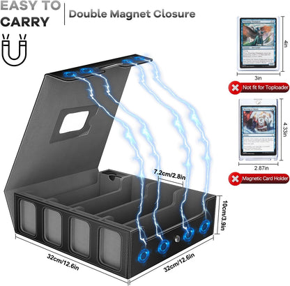 3200+ Trading Card Storage Box with Commander Display, 4 Row Card Deck Box with Portable Handle, Compatible for TCG/MTG/Magic Cards, 30 Colorful Divider, 8 Supporters, US Design Patent (Black&Grey)