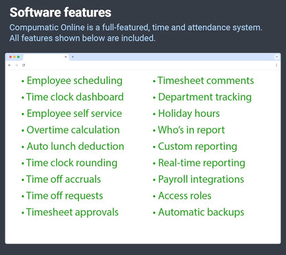 COMPUMATIC Biometric Fingerprint Time Clock with Online Cloud Hosted Software, Automatic Real-Time Punch Upload with WiFi or Wired Ethernet Connection