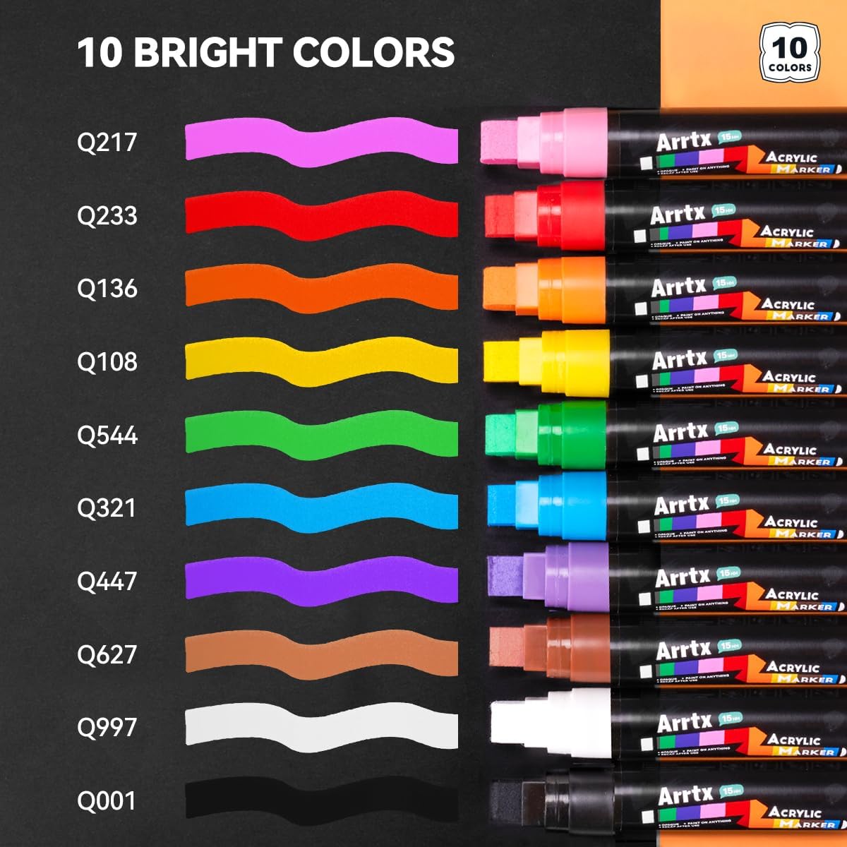Arrtx 10-Piece Jumbo Acrylic Paint Markers, 15mm Felt Tip, Waterproof, Odorless, Non-Toxic, Multi-Surface Art Supplies for Rock Painting, DIY Crafts Making