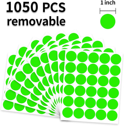1 Inch Round Label Removable Color Code Dot Stickers,Garage Sale Sticker Price Tags Blank Yard Sale Circle Dot Stickers Writable (1050 Pack,Fluorescent Green)