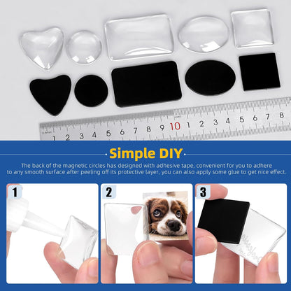 Glarks 72pcs Fridge Magnets Craft Set Round/Oval/Square/Heart/Rectangle Shape Ferrite Ceramic Magnets with Adhesive Backing and Transparent Glass Cabochons for Fridge Office Locker Whiteboard Making