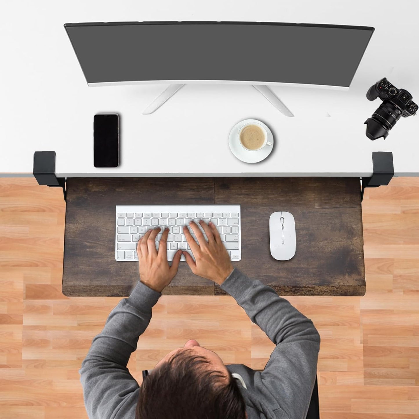 ETHU Keyboard Tray Under Desk, Pull Out Keyboard & Mouse Tray with C-clamp, Ergonomic Desk Keyboard Tray Slide Out, Pull Out Platform Drawer for Home and Office(Wood)