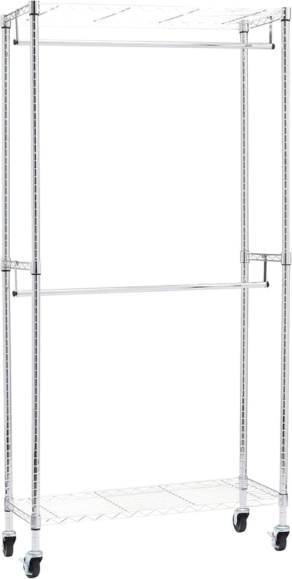 Amazon Basics Adjustable Clothes Rack for Handing, Double Hanging Rod Garment Rolling Closet Clothing Organizer, Chrome, 36'' x 14'' x 72''