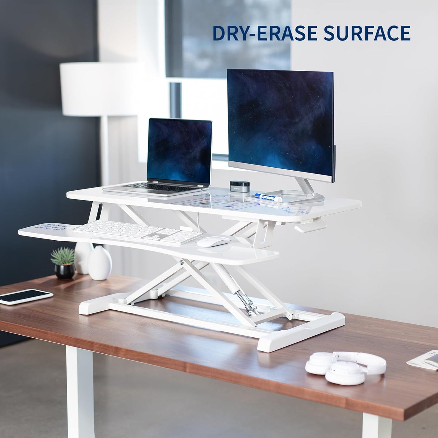 VIVO 36 inch Desk Converter, K Series, Height Adjustable Sit to Stand Riser, Dual Monitor and Laptop Workstation with Wide Keyboard Tray, White Dry Erase, DESK-V036KWE