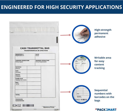 Clear Bank Deposit Bags 6"x9" 500-pack | Secure Bank Cash Transmittal Envelopes for Cash, Coins, Credit Cards, Checks, and More | Numbered, Self-Sealing, and Permanent Adhesive