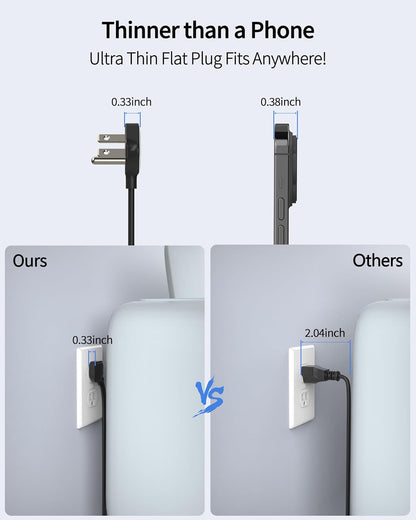 Black Surge Protector Power Strip, Ultra Thin 5 Ft Flat Plug Extension Cord, 1700 Joules, 5 Widely Spaced Outlets with 4 USB Ports (2USB-C), 1875W/15A, Wall Mount for Home Office, Black