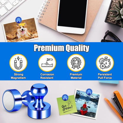 Blue Metal Refrigerator Magnets Strong, Tiny Cute Magnets for Whiteboard, 28 Pack Small Magnetic Push Pins, Magnetic Round Clips Heavy Duty for Kitchen, Office, Crafts, Wall