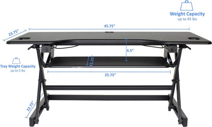 Rocelco 46" Large Height Adjustable Standing Desk Converter with Dual Monitor Mount Arm BUNDLE - Quick Sit Stand Up Computer Workstation Riser - Retractable Keyboard Tray - Black (R DADRB-46-MA2)