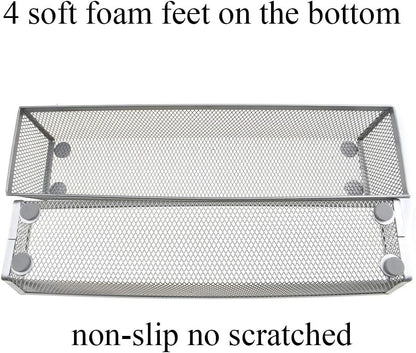 HAHIYO Stackable Mesh Tray Cup 12 x 3 x 2 inches Sturdy Container for Desk Drawer Organizer Collection for Home Office School kitchen Soft Foam Feet No Sharp Edges 2 Pack Silver