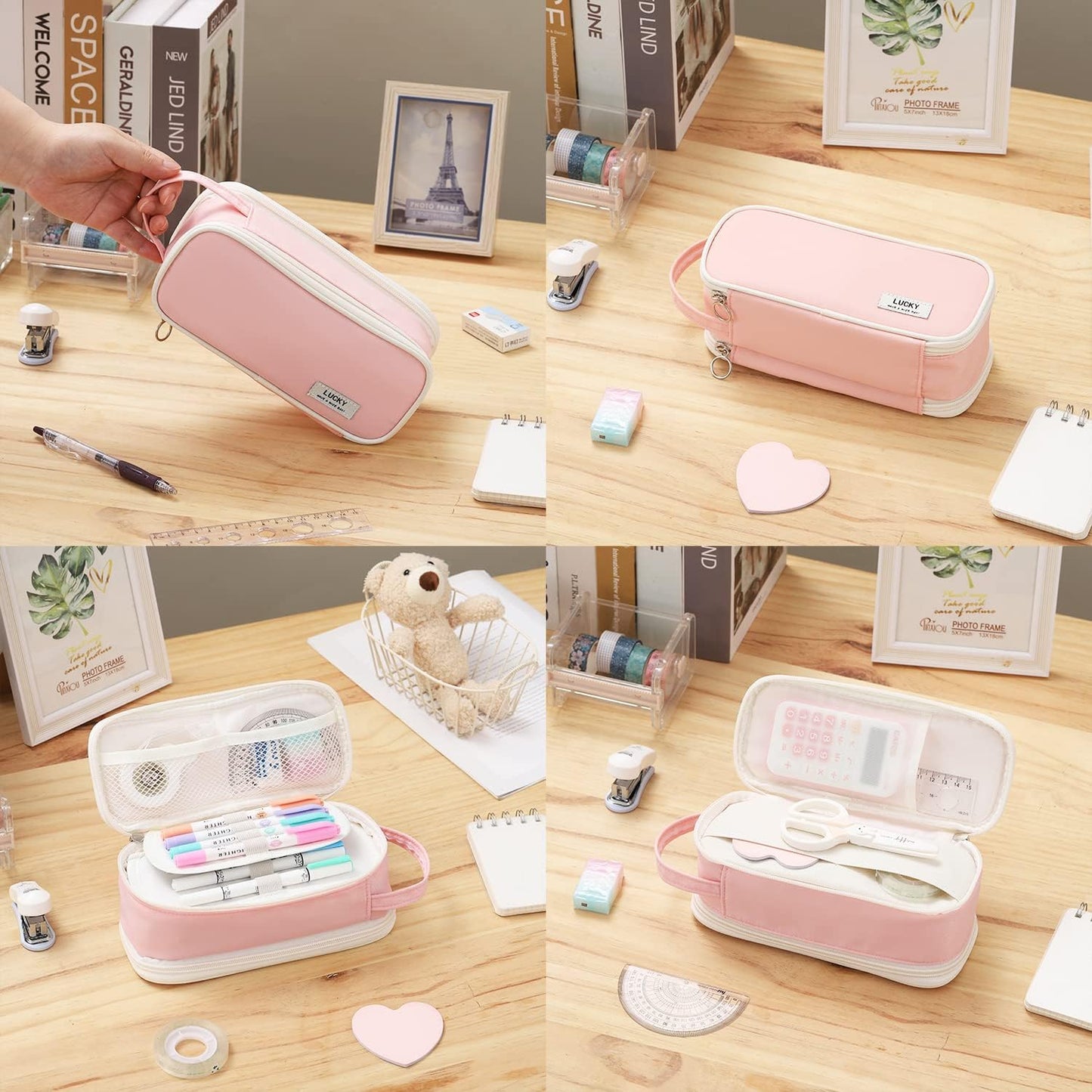 Dugio Big Pencil Case for Girls Teens Kids Zipper Pencil Pouch with Handle Organizer Pencil Bag Aesthetic Pencil Box for School Pink