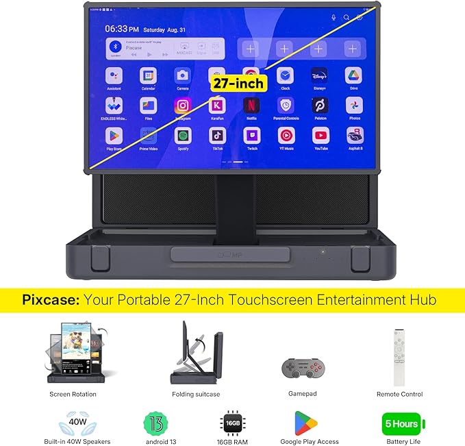 MP Mobile Pixels 27" Pixcase Computer Monitor, 1080P Touchscreen with 16GB RAM, Google Play Access, 40W Speakers, Compact Suitcase Design, Gamepad & Remote Included, Windows/Mac/Switch/Consoles