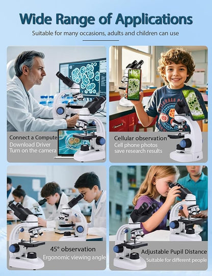 Microscope for Adults WF10x and WF25x eyepieces, 40X-2000X Magnification USB Camera, Microscope for Adults Suitable for Laboratory School Home Education.
