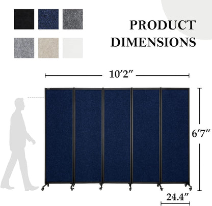 Upgrade Version Room Partition and Divider, Freestanding Rolling Dividers with Wheels,Office Privacy Screen Divider Wall,Classroom Felt Dividers,10'6"L* 6'7"H,5 Panel,Blue