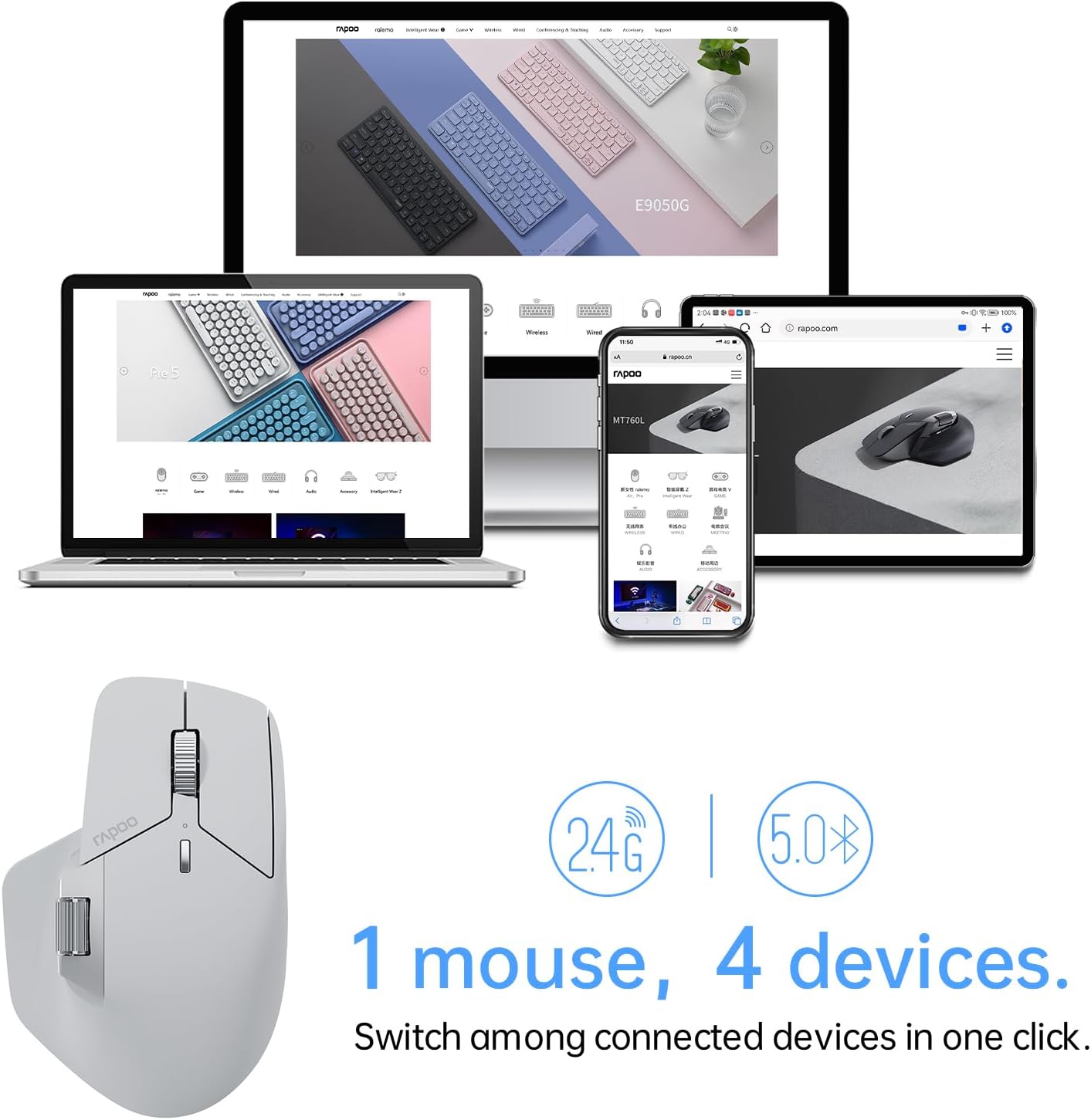 Rapoo MT760 Multi-Device Wireless Mouse, Bluetooth 5.0 and 2.4G Multi-Mode Connection, Up to 4 Devices, 11 Programmable Buttons, 4K DPI, 90 Days Battery Life, PC, Light Grey