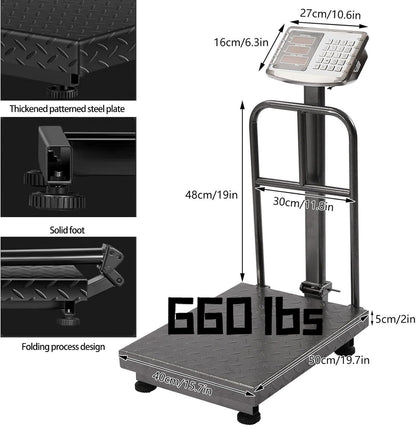 660lb Floor Industrial Platform Scale with Removable Guardrail Digital Scale with Accurate LB/KG High-Definition Displa Foldable for Weighing Luggage Package Shipping Double Sided Display