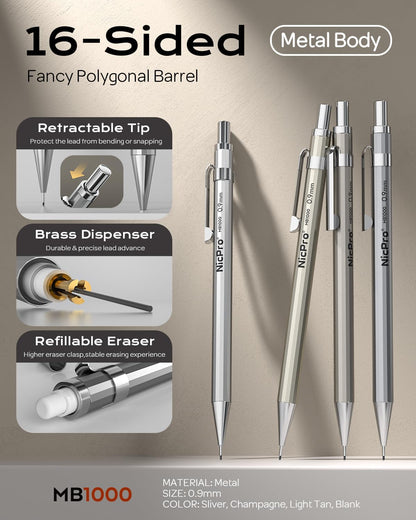 Nicpro 4 Pack Metal Mechanical Pencil Set 0.9mm, MB1000 Lead Drafting Pencil 0.9 mm with 8 Tube HB #2 Lead Refill, 3PCS 4B Eraser, 9 Cap Eraser for Artist Writing, Sketching, Drawing- Come with Case